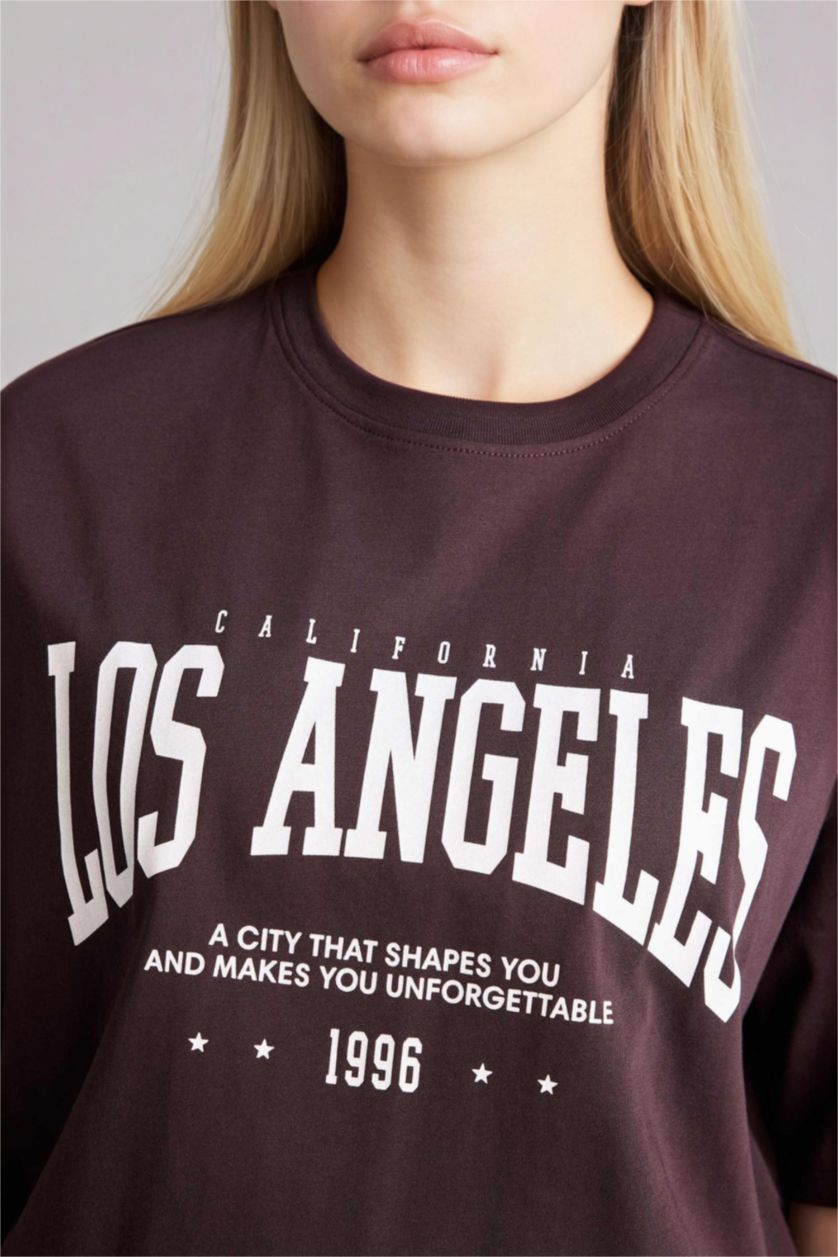 Женщины Коричневый Футболка оверсайз с круглым вырезом принтом и коротким рукавом