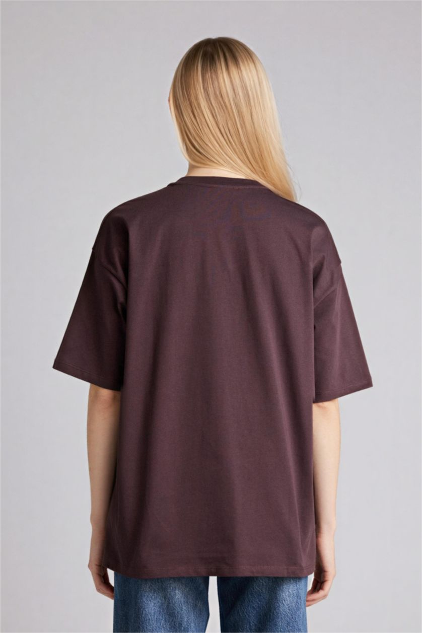 Женщины Коричневый Футболка оверсайз с круглым вырезом принтом и коротким рукавом