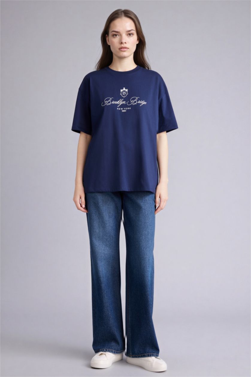 Woman NAVY تيشيرت نص ردن اوفر سايز بياخة مستديرة