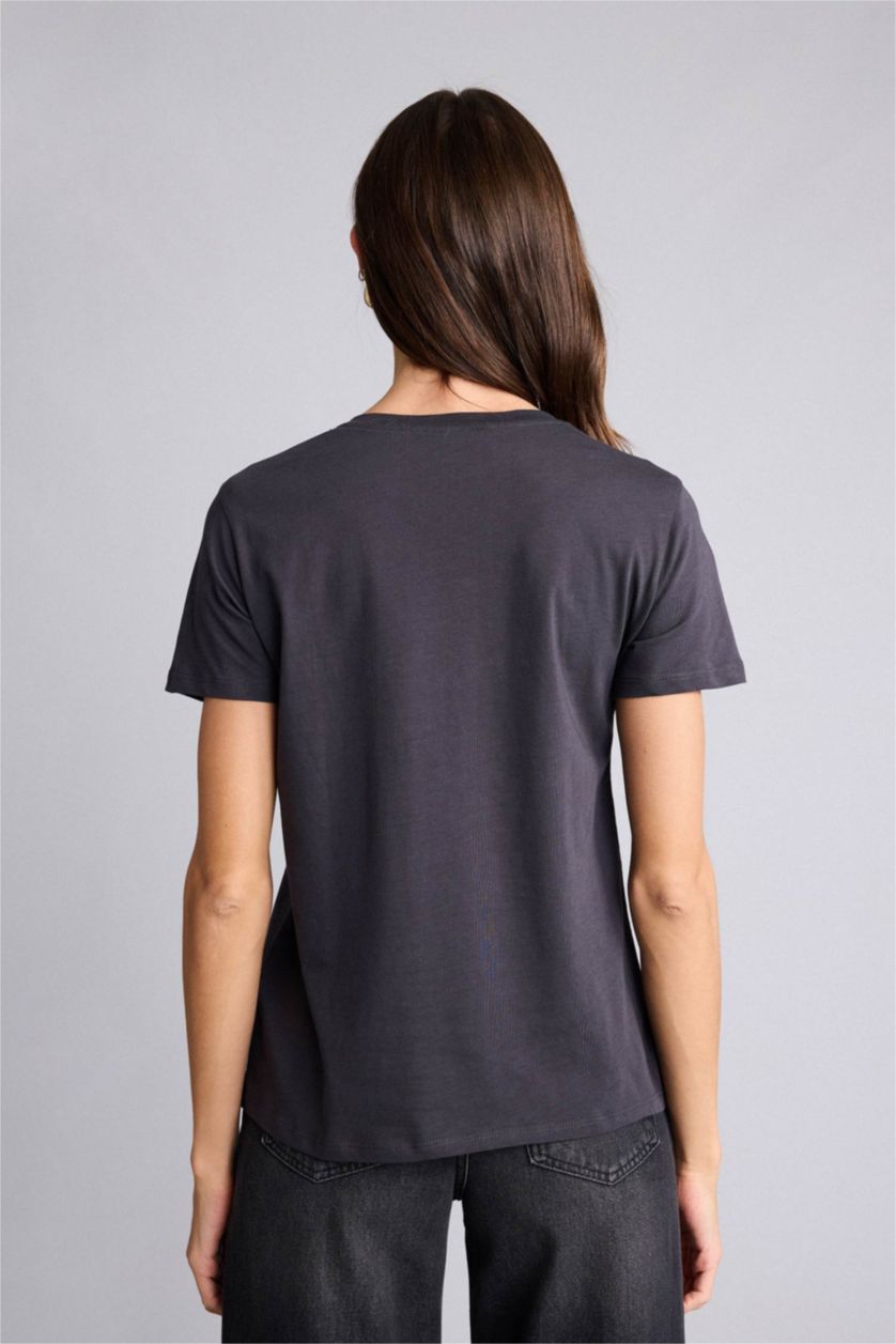 Woman Anthracite تيشيرت نص ردن قصة عادية وياخة مستديرة