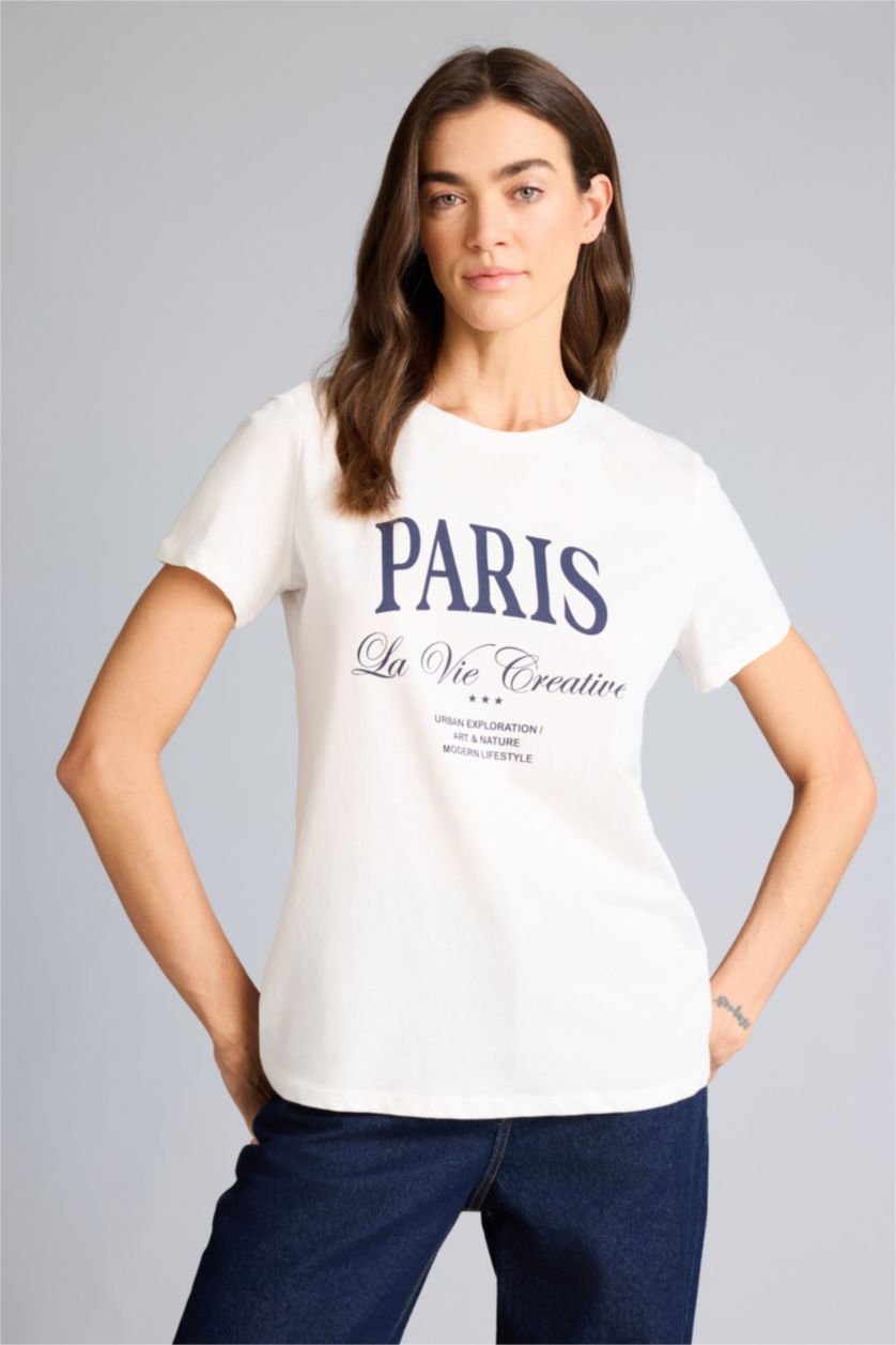 Kadın Ekru Regular Fıt Baskılı Penye Tişört