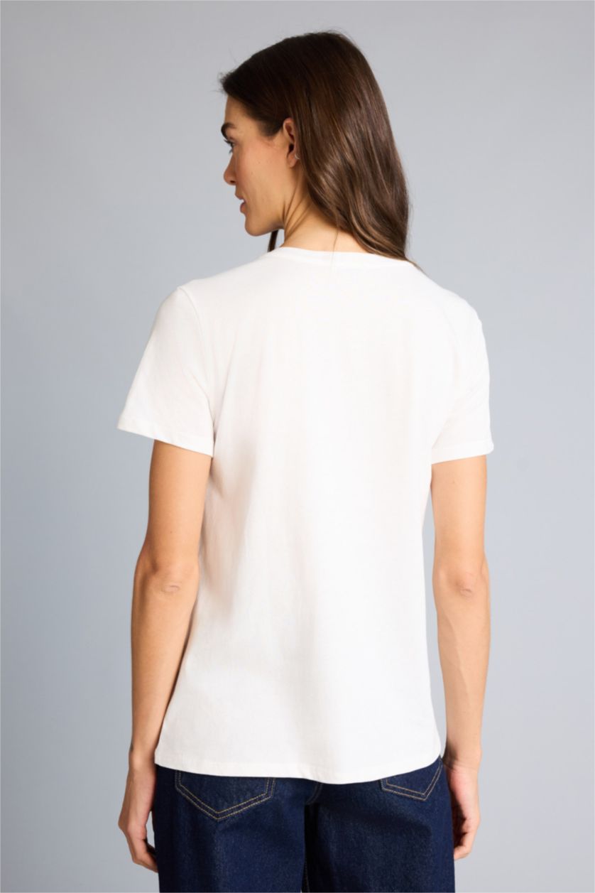 Kadın Ekru Regular Fıt Baskılı Penye Tişört