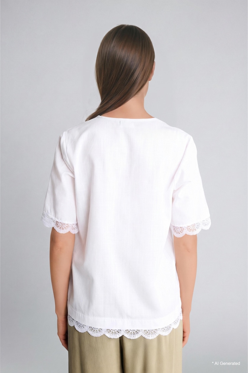 Women White Regular Fit Flame Cotton Lace Short Sleeve Shirt