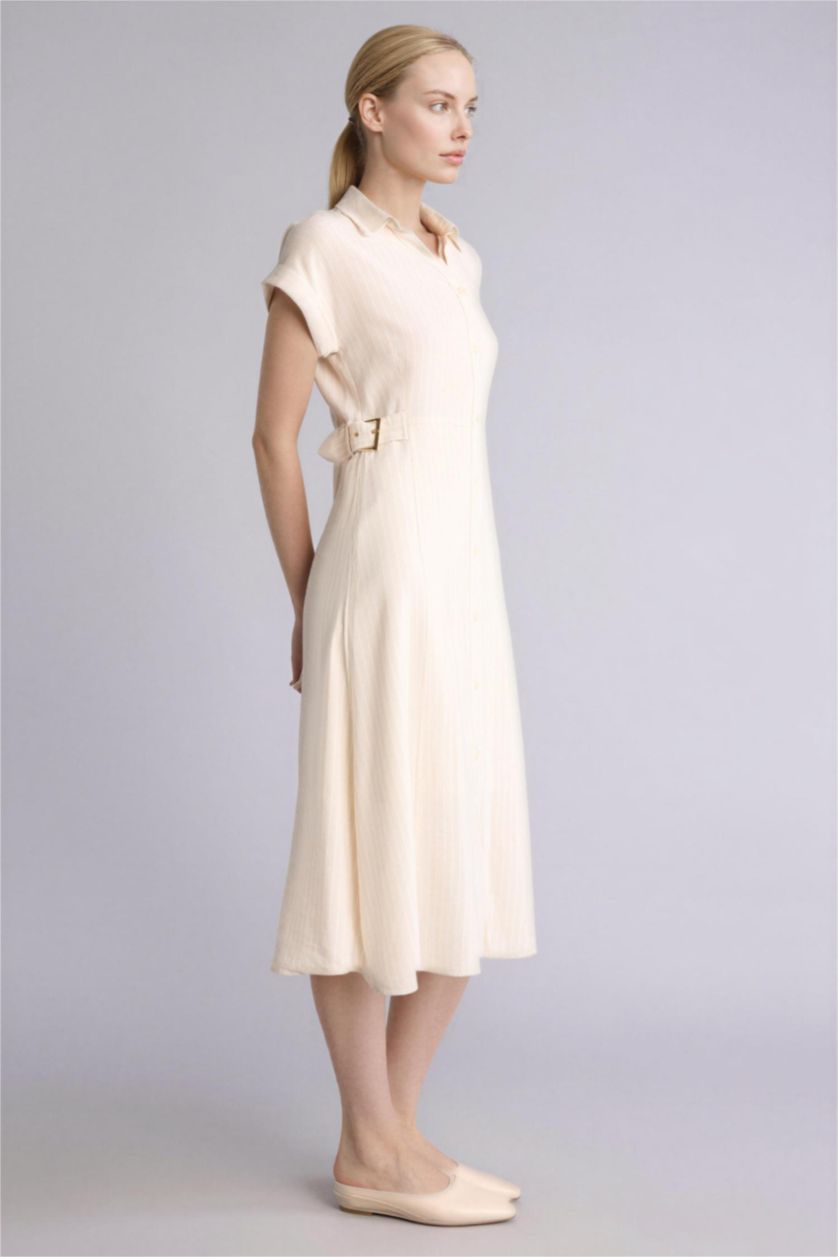 Women Sand Regular Fit Shirt Collar Linen Blended Batwing Dress