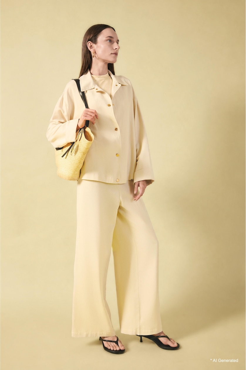 Women Doğal Açık Bej Linen Blended Wide Leg Trousers