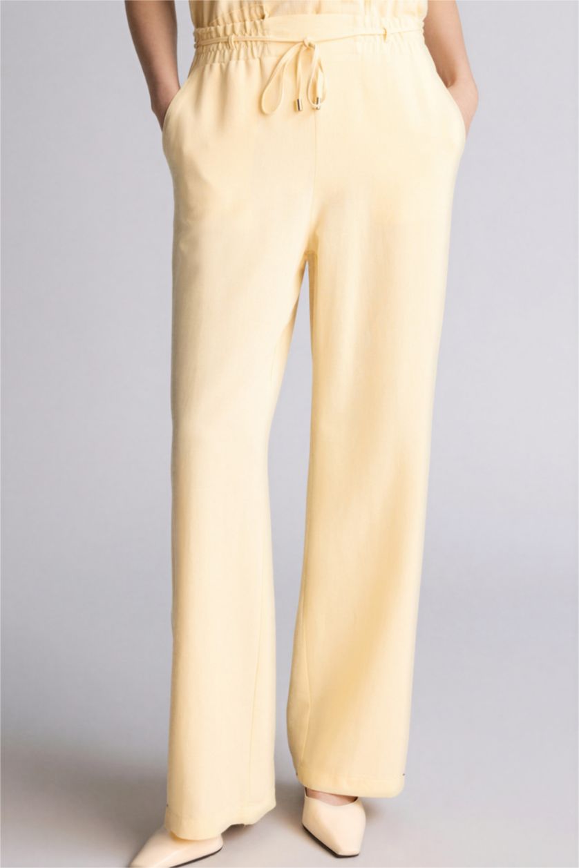 Kadın Açık Sarı Straıght Wıde Geniş Paça Keten Karışımlı Pantolon