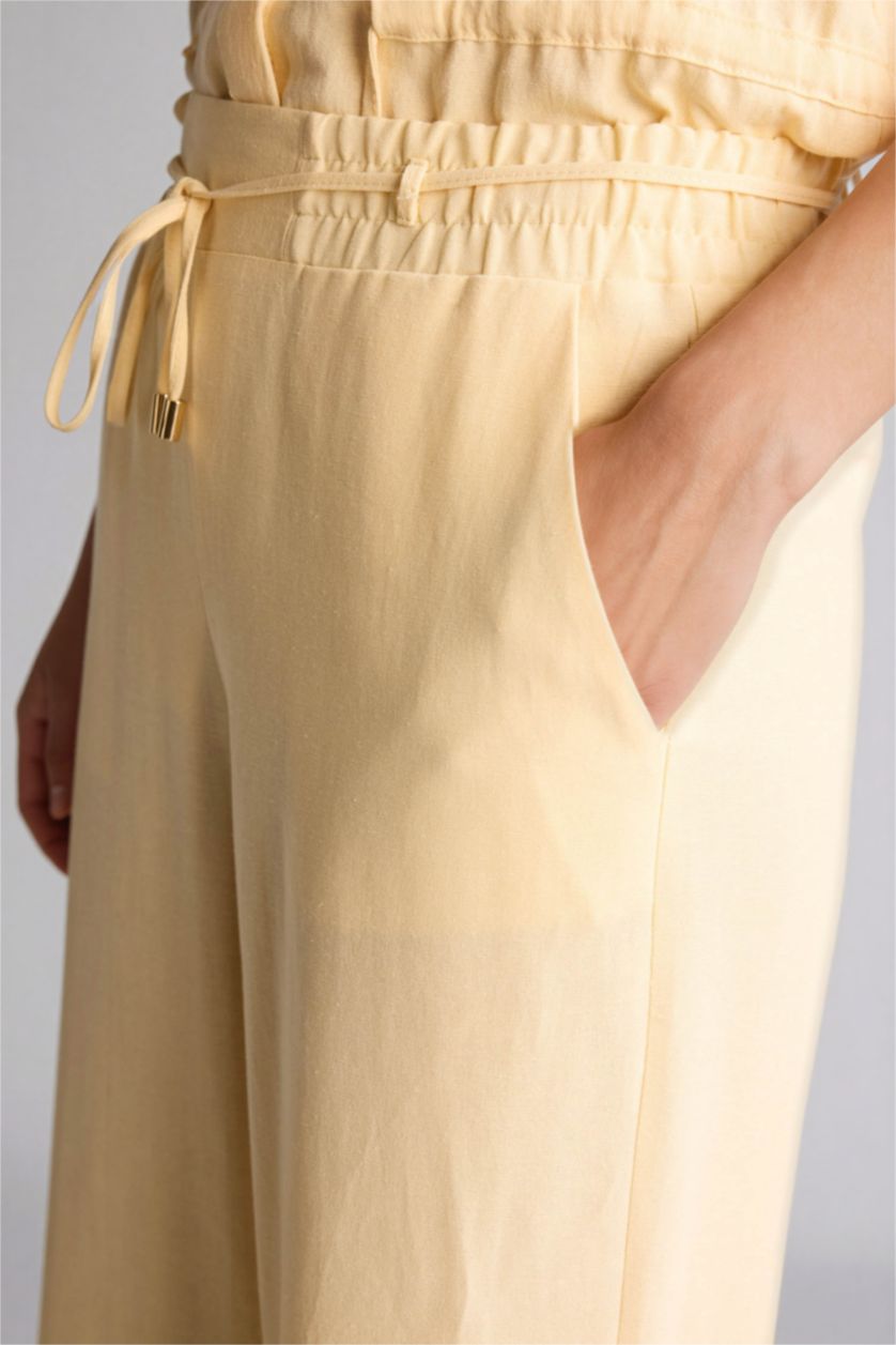 Kadın Açık Sarı Straıght Wıde Geniş Paça Keten Karışımlı Pantolon