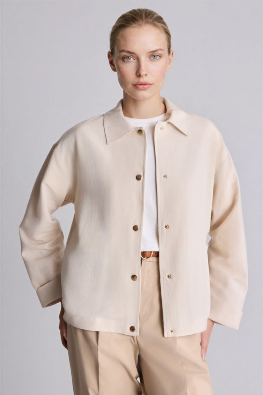 Kadın Doğal Açık Bej Regular Fıt Gömlek Yaka Keten Karışımlı Uzun Kollu Gömlek