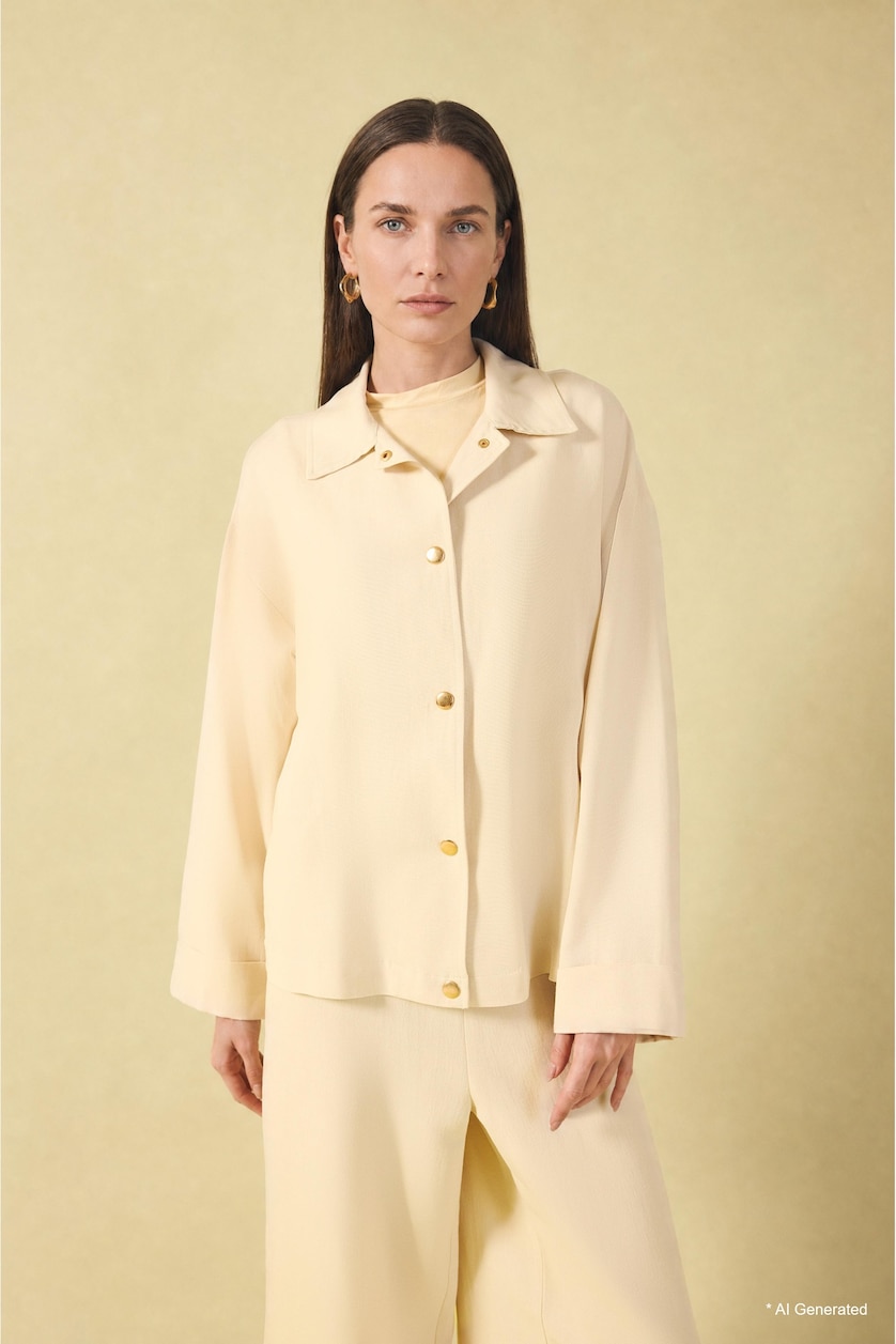 Women Doğal Açık Bej Regular Fit Shirt Collar Linen Blended Long Sleeve Shirt