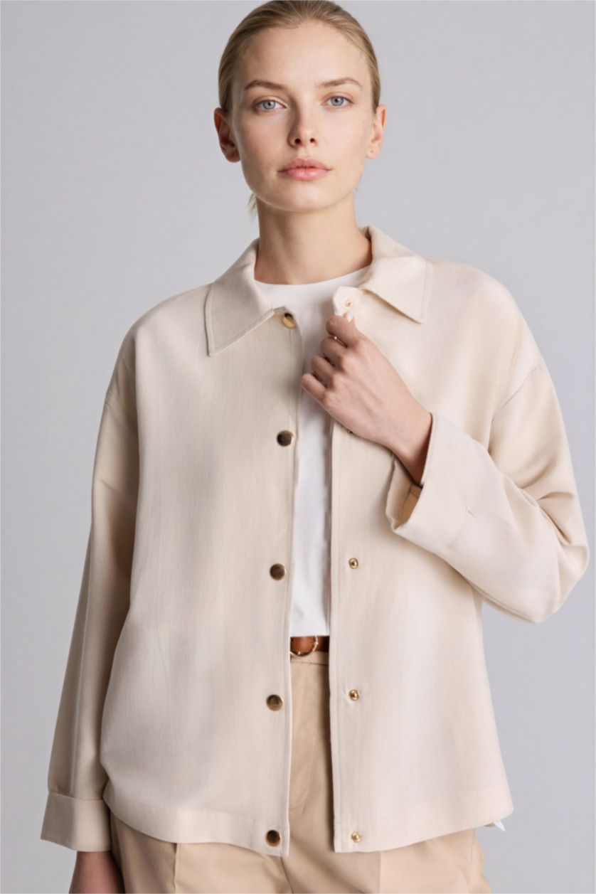 Kadın Doğal Açık Bej Regular Fıt Gömlek Yaka Keten Karışımlı Uzun Kollu Gömlek