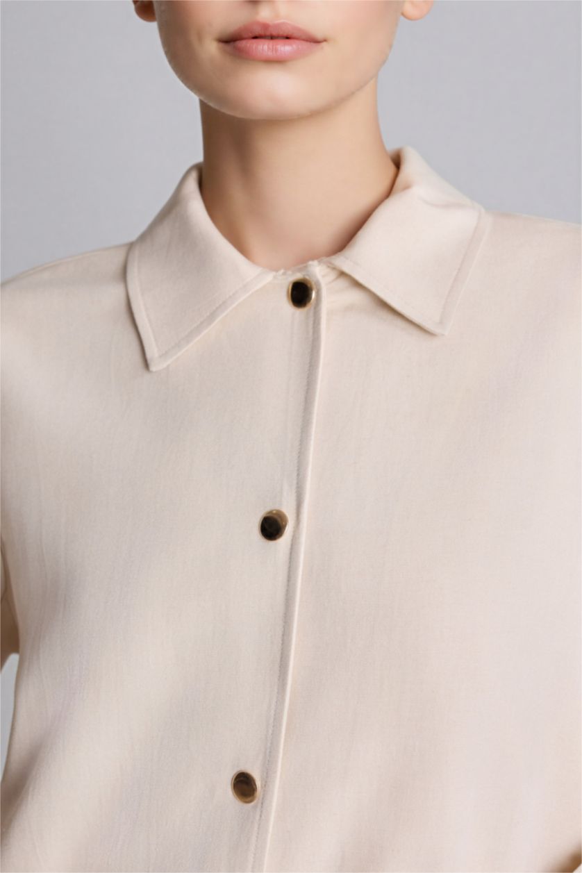 Kadın Doğal Açık Bej Regular Fıt Gömlek Yaka Keten Karışımlı Uzun Kollu Gömlek