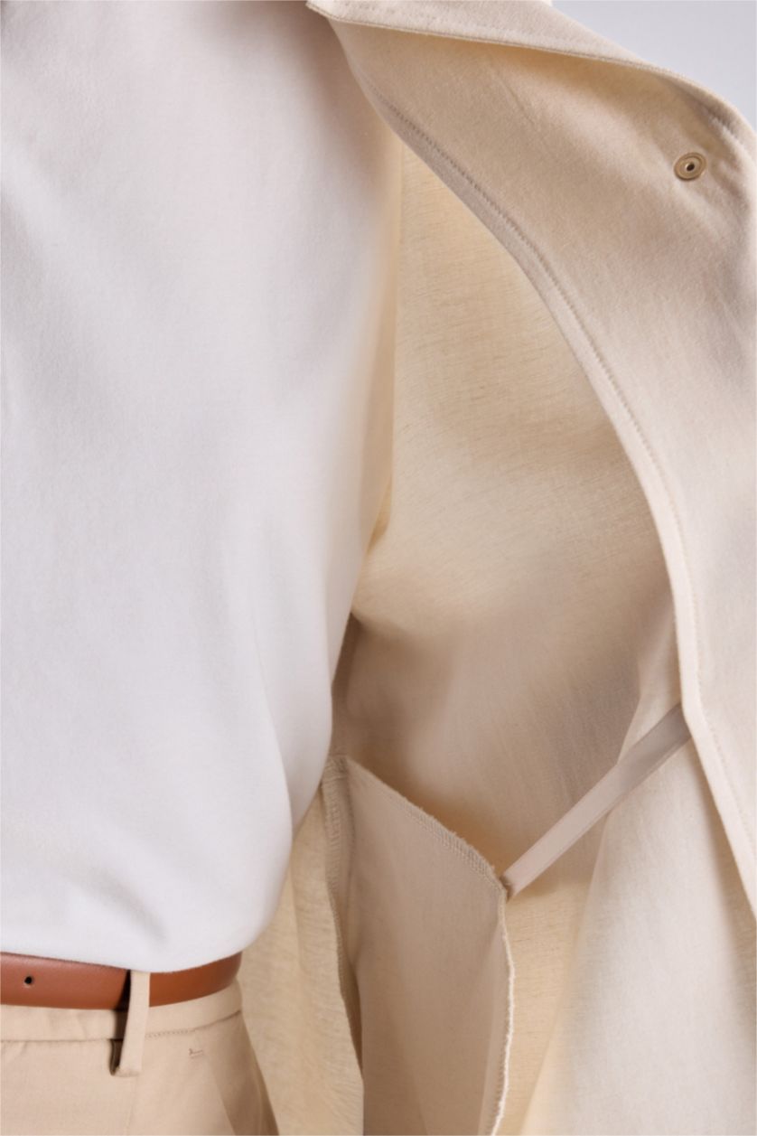 Kadın Doğal Açık Bej Regular Fıt Gömlek Yaka Keten Karışımlı Uzun Kollu Gömlek