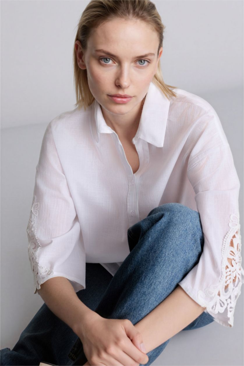 Kadın Ekru Regular Fıt Flamlı Pamuk