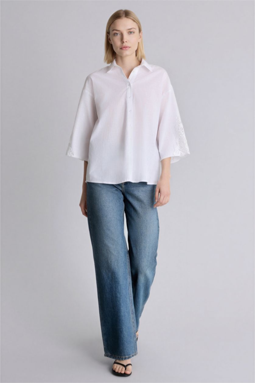 Kadın Ekru Regular Fıt Flamlı Pamuk