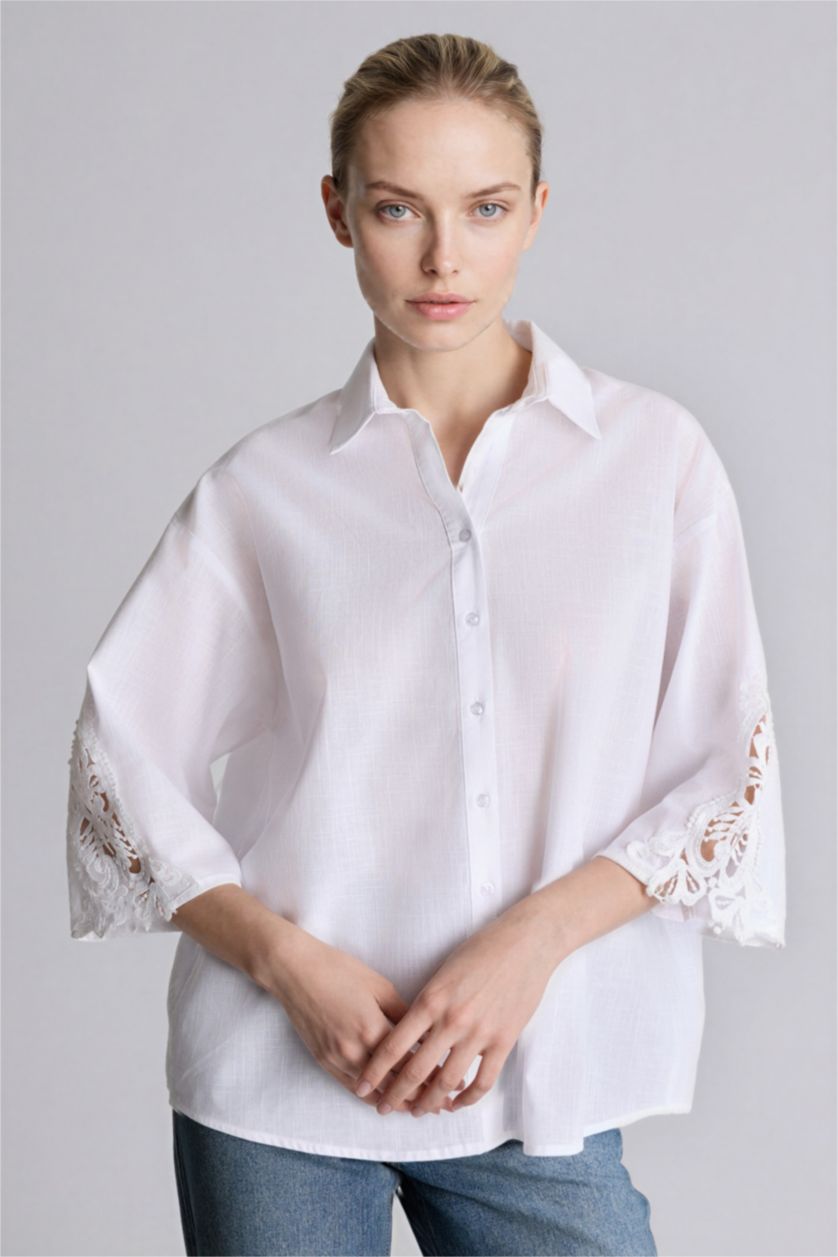 Kadın Ekru Regular Fıt Flamlı Pamuk