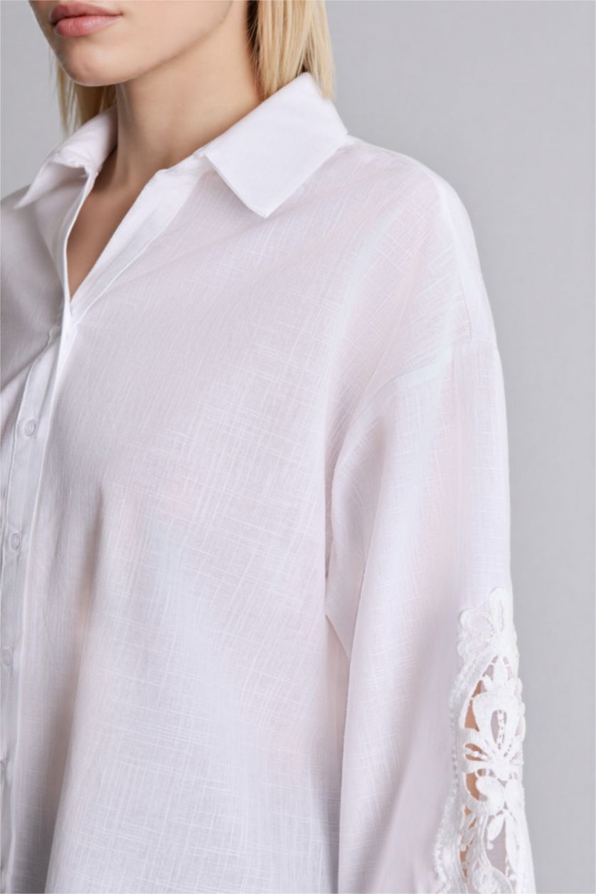 Kadın Ekru Regular Fıt Flamlı Pamuk