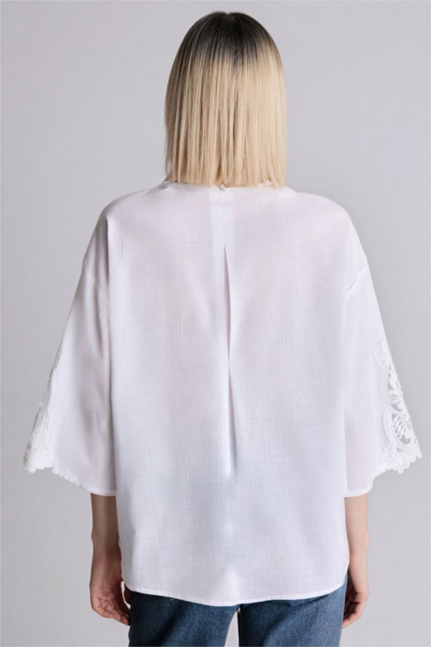 Kadın Ekru Regular Fıt Flamlı Pamuk