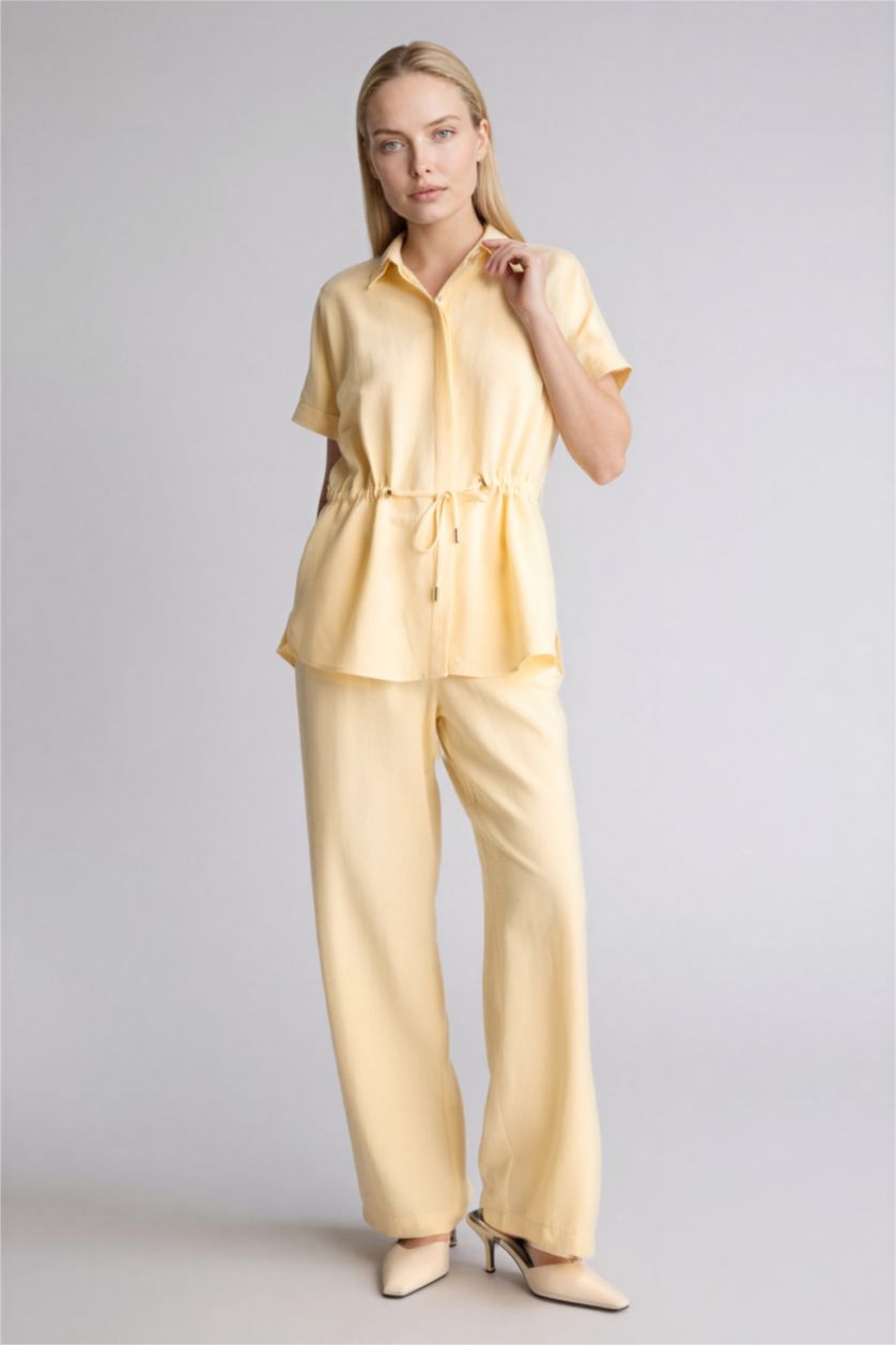 Kadın Açık Sarı Regular Fıt Polo Yaka Keten Karışımlı Kısa Kollu Gömlek