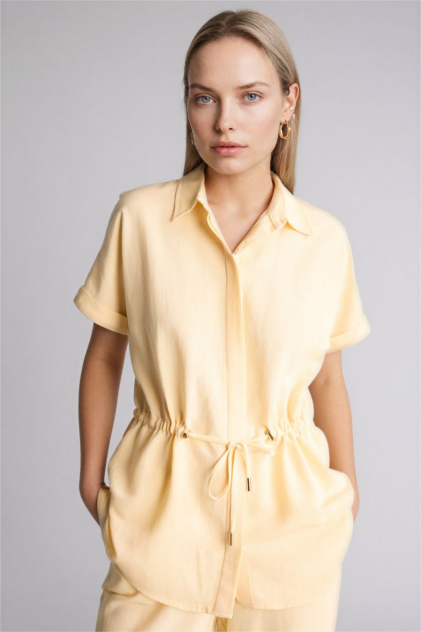 Kadın Açık Sarı Regular Fıt Polo Yaka Keten Karışımlı Kısa Kollu Gömlek