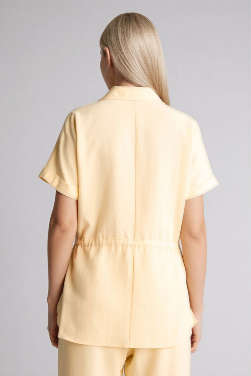 Kadın Açık Sarı Regular Fıt Polo Yaka Keten Karışımlı Kısa Kollu Gömlek