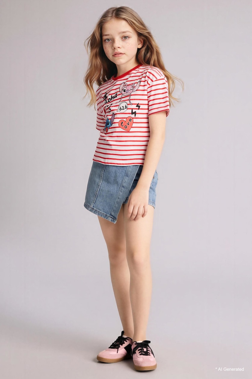 بنات أحمر Relax Fit Lilo & Stitch Licensed Short Sleeve T-Shirt