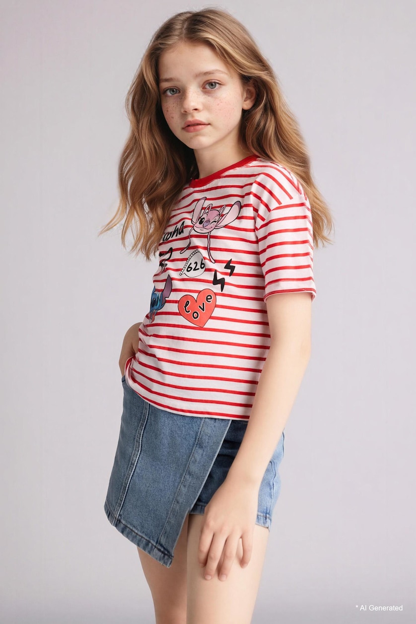 بنات أحمر Relax Fit Lilo & Stitch Licensed Short Sleeve T-Shirt