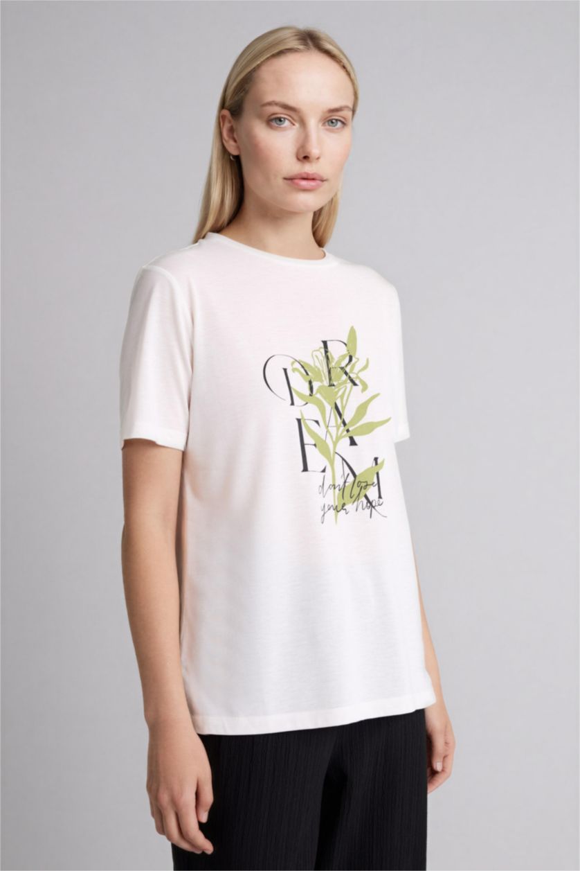 Әйелдерге экру Футболка Regular Fit с круглым вырезом цветочным принтом и коротким рукавом