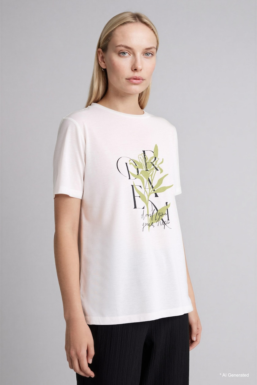 Woman Ecru Regular Fit Crew Neck Floral T-Shirt