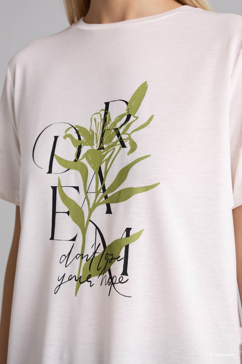 Woman Ecru Regular Fit Crew Neck Floral T-Shirt