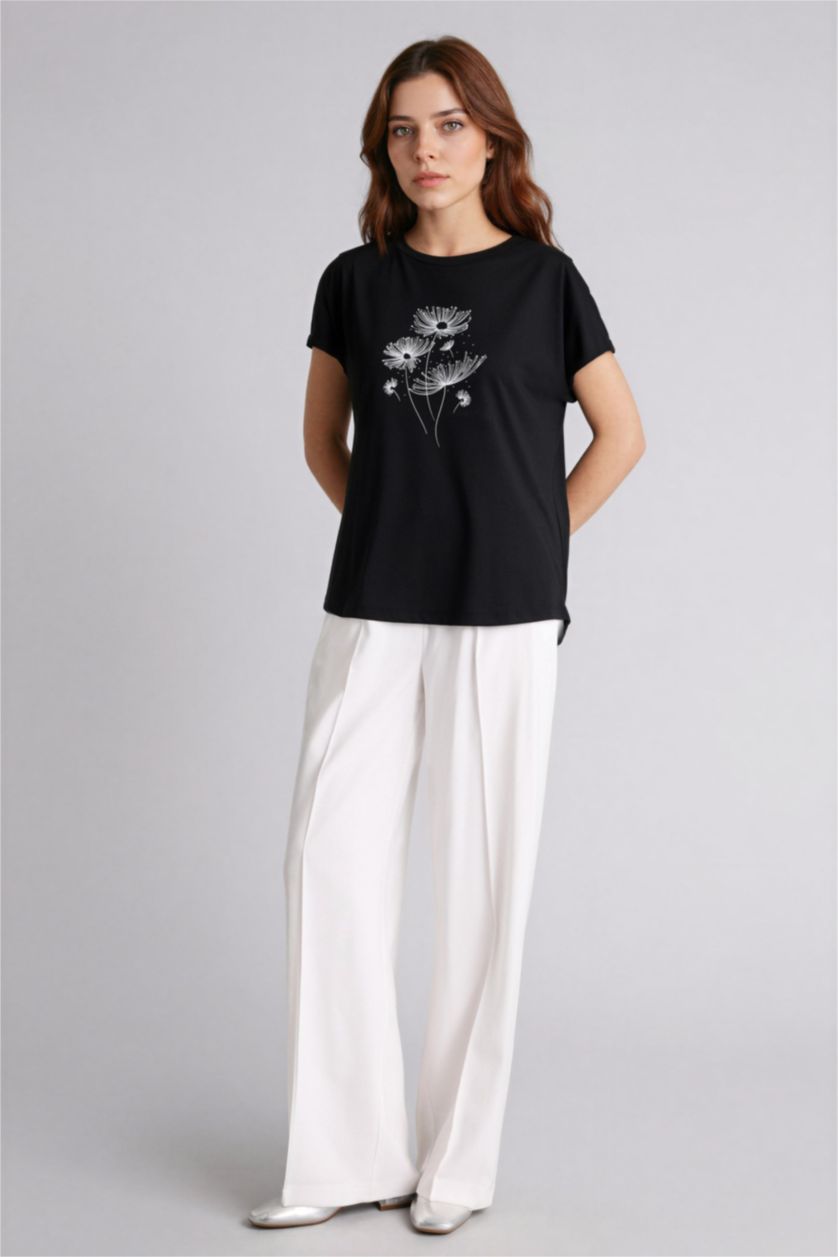 WOMAN Black تيشيرت مطبوع قصة عادية وياقة مستديرة