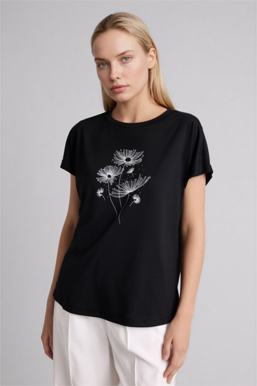WOMAN Black Crew Neck Stone Print Short Sleeve T-Shirt