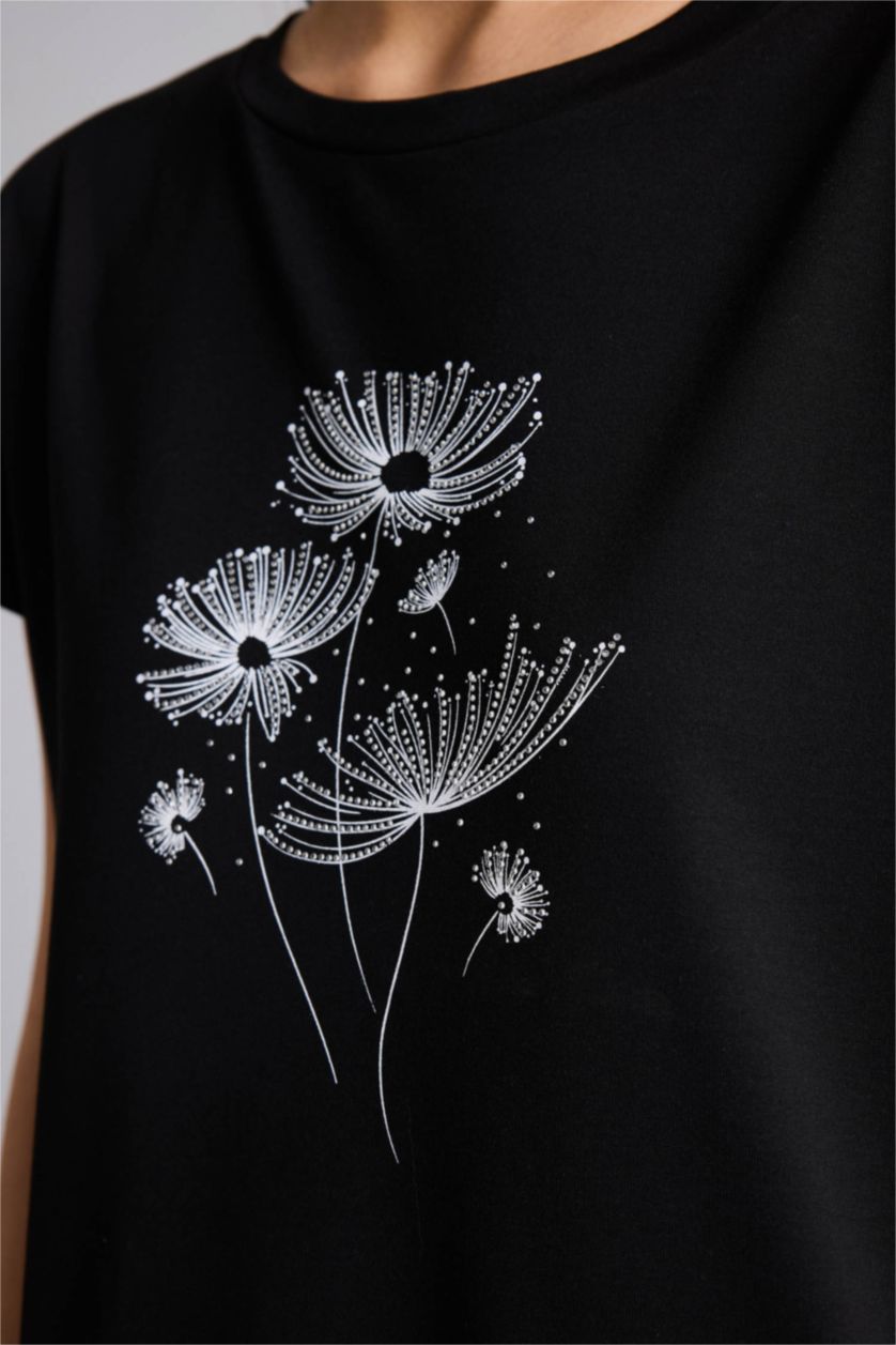 WOMAN Black تيشيرت مطبوع قصة عادية وياقة مستديرة