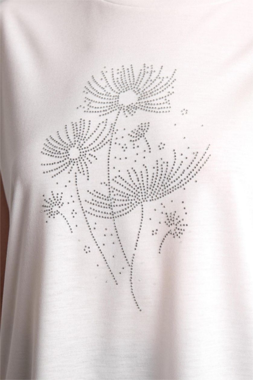 Kadın Ekru Bisiklet Yaka Taş Baskılı Kısa Kollu Tişört