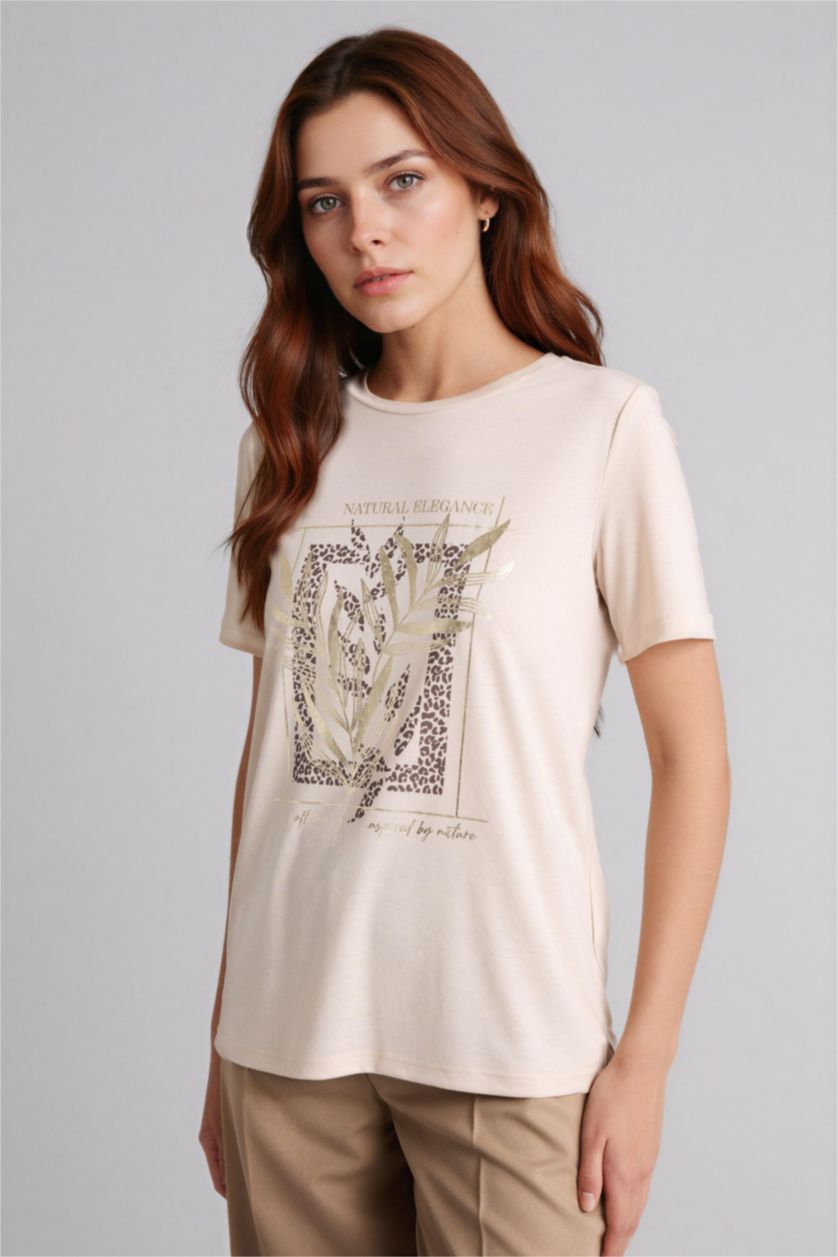 Kadın Taş Regular Fıt Bisiklet Yaka Hayvan Desenli Kısa Kollu Tişört