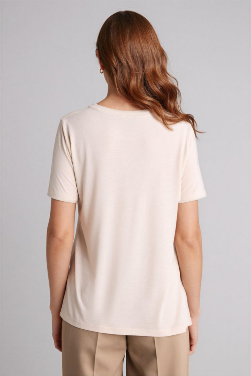 Kadın Taş Regular Fıt Bisiklet Yaka Hayvan Desenli Kısa Kollu Tişört