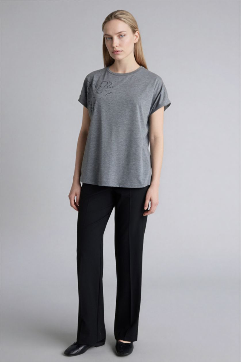 Woman Anthracite Melange تيشيرت نص ردن بطبعة أحجار وياخة مستديرة