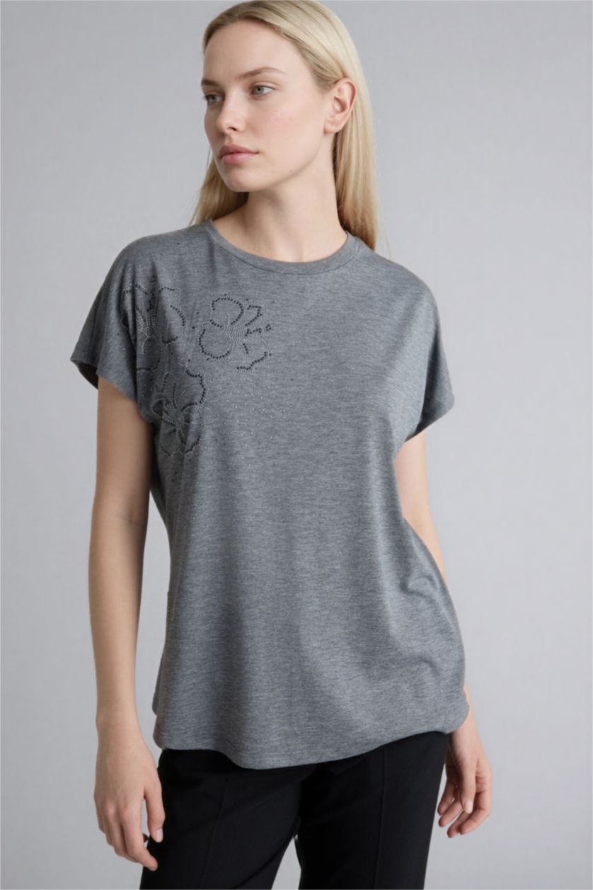 Woman Anthracite Melange تيشيرت نص ردن بطبعة أحجار وياخة مستديرة