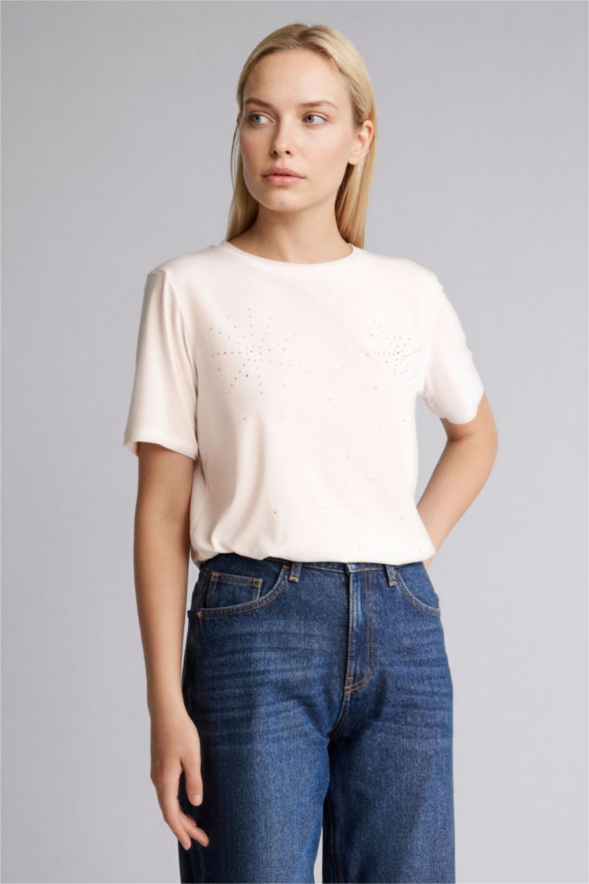 Kadın Ekru Regular Fıt Bisiklet Yaka Kısa Kollu Tişört