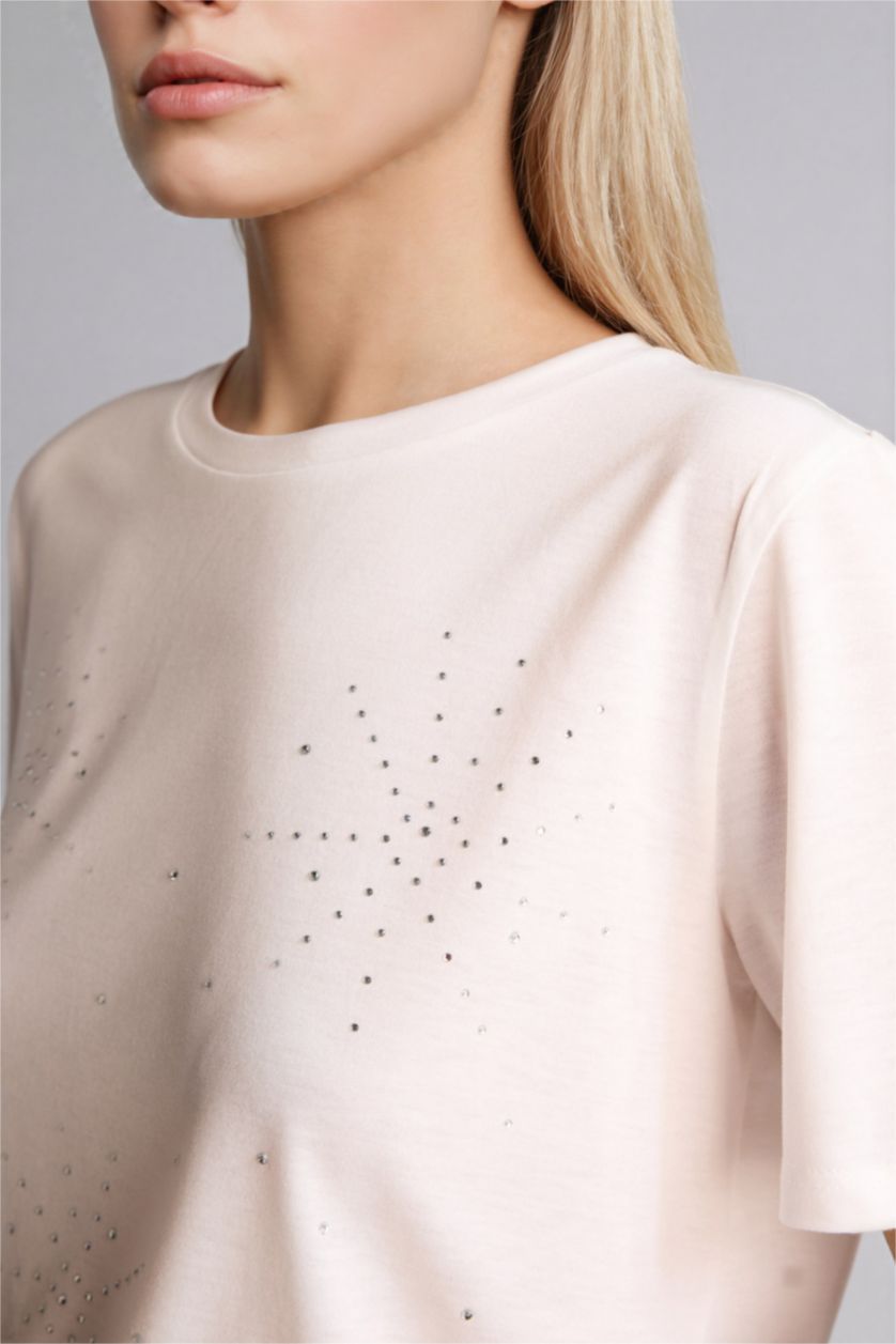 Kadın Ekru Regular Fıt Bisiklet Yaka Kısa Kollu Tişört