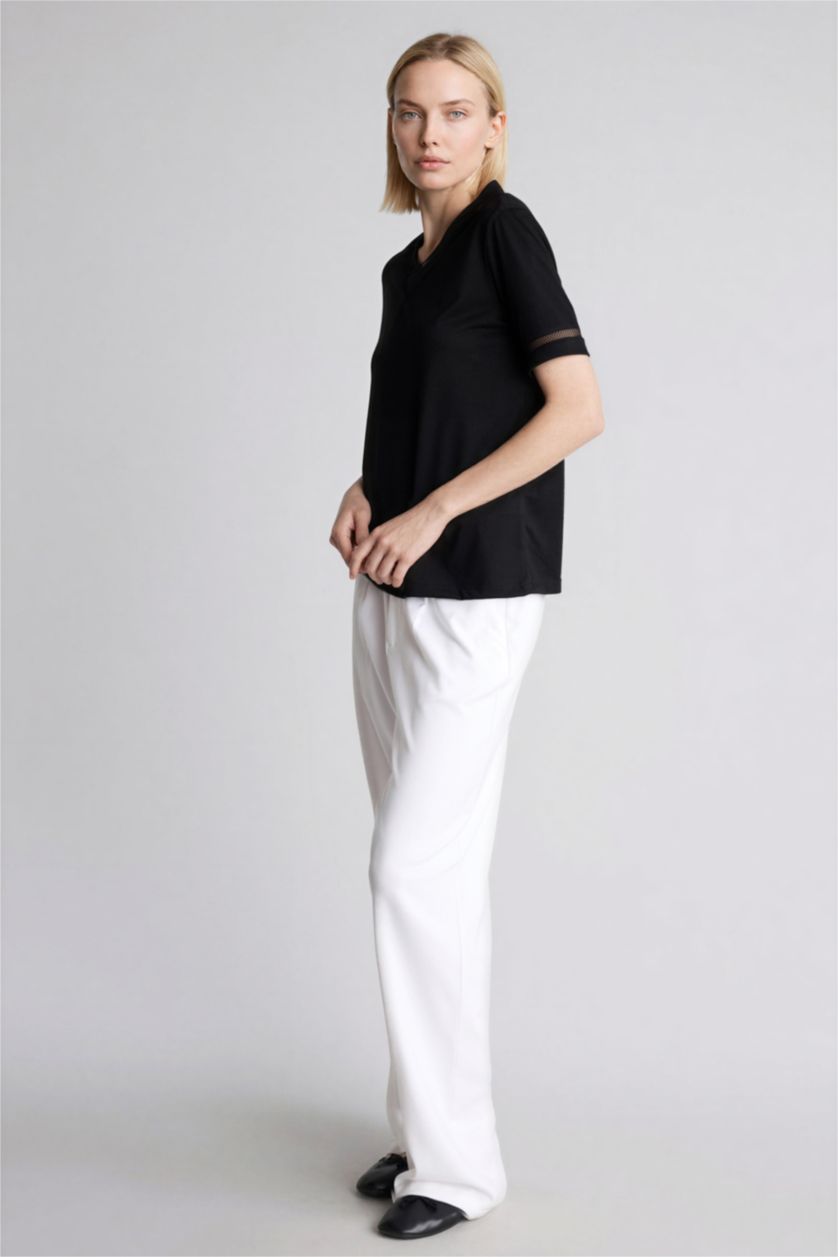 WOMAN Black Regular Fit V-Neck Cotton T-Shirt