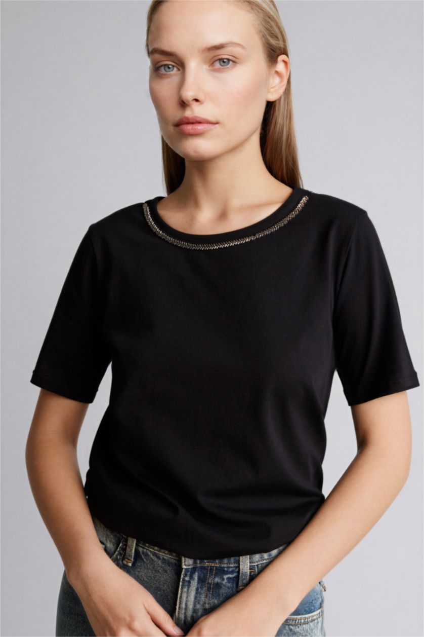 Kadın Siyah Bisiklet Yaka Penye Kısa Kollu Tişört
