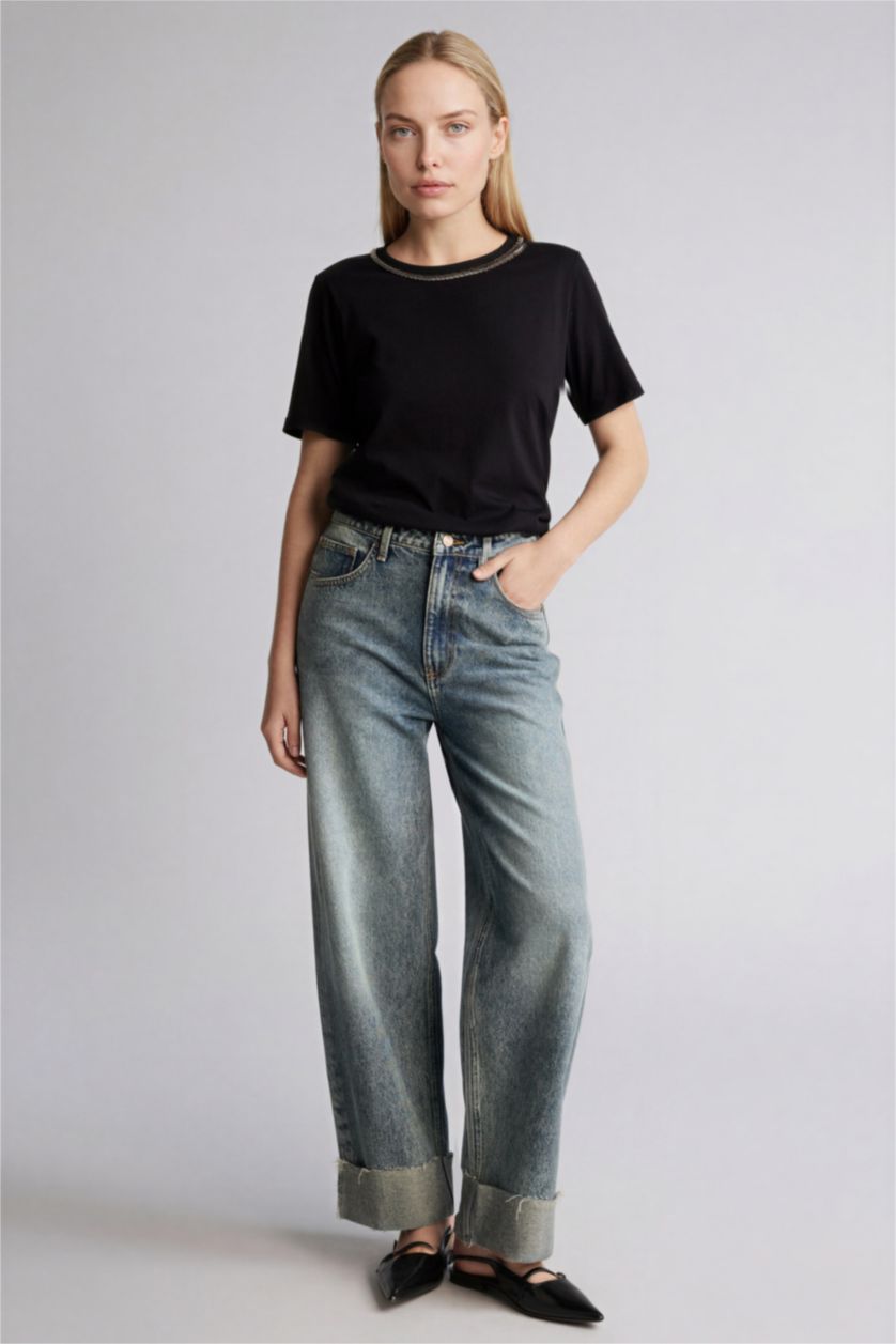 Kadın Siyah Bisiklet Yaka Penye Kısa Kollu Tişört