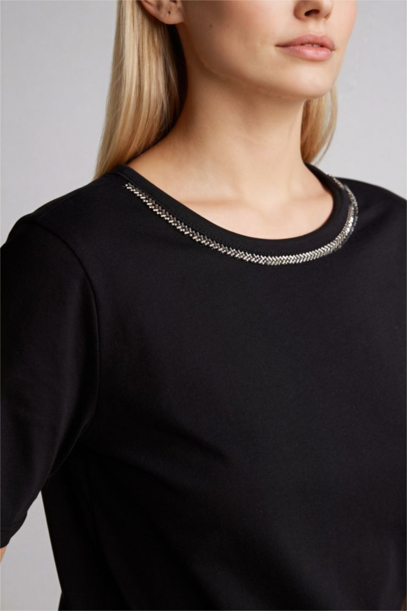 Kadın Siyah Bisiklet Yaka Penye Kısa Kollu Tişört