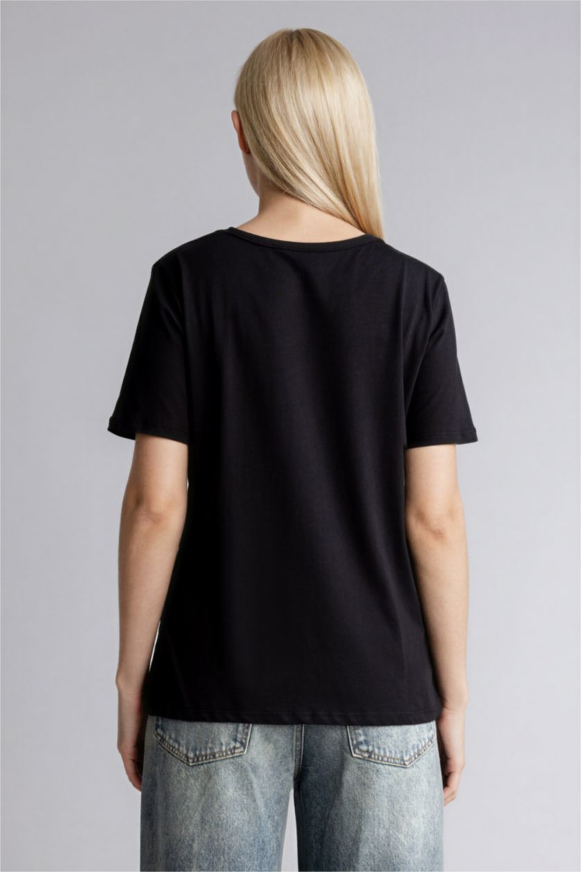 Kadın Siyah Bisiklet Yaka Penye Kısa Kollu Tişört