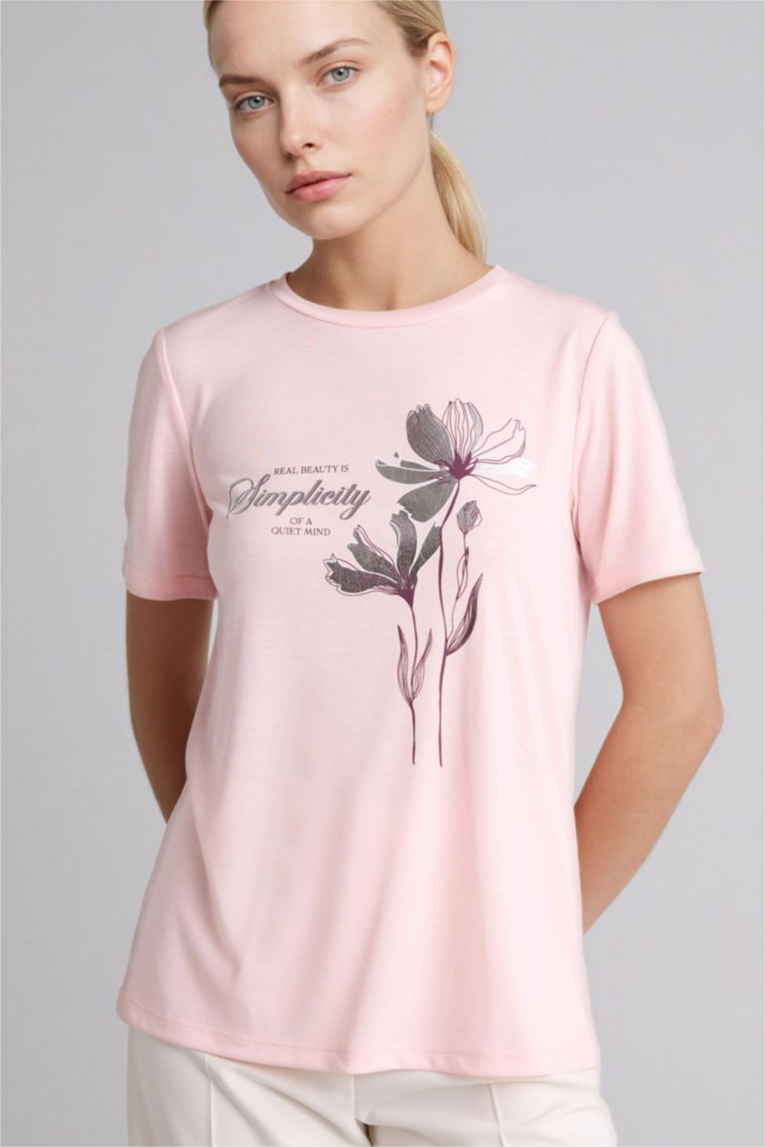 Әйелдерге Қызғылт Футболка Relax Fit с круглым вырезом цветочным принтом и коротким рукавом
