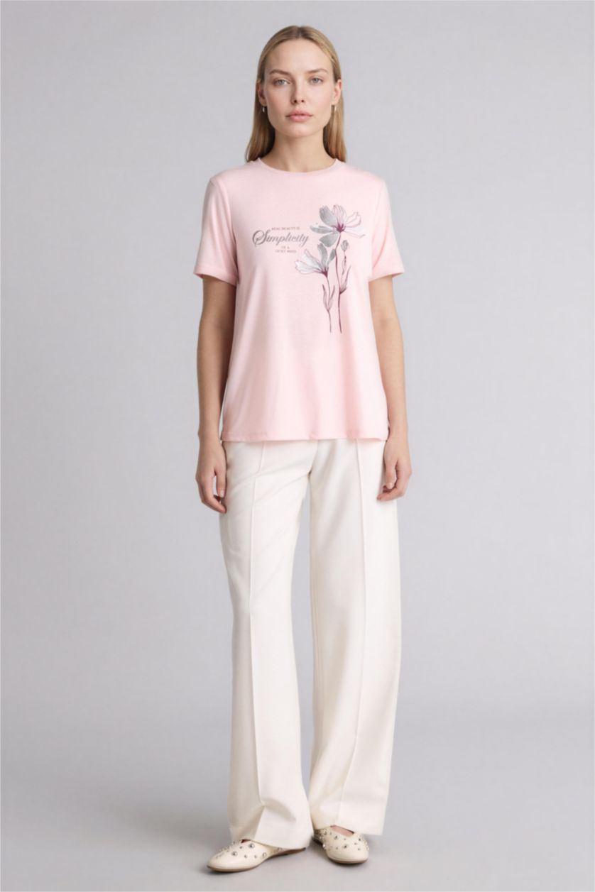 Әйелдерге Қызғылт Футболка Relax Fit с круглым вырезом цветочным принтом и коротким рукавом