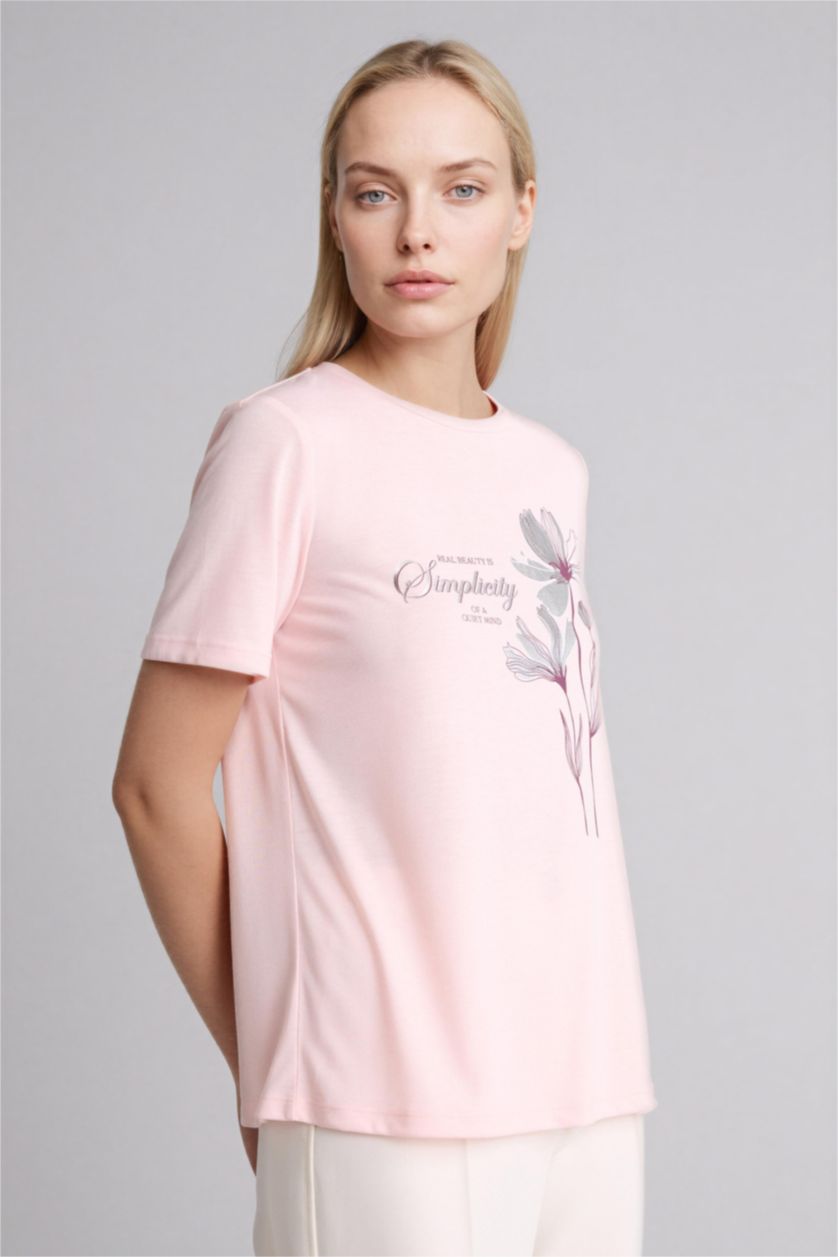 Әйелдерге Қызғылт Футболка Relax Fit с круглым вырезом цветочным принтом и коротким рукавом