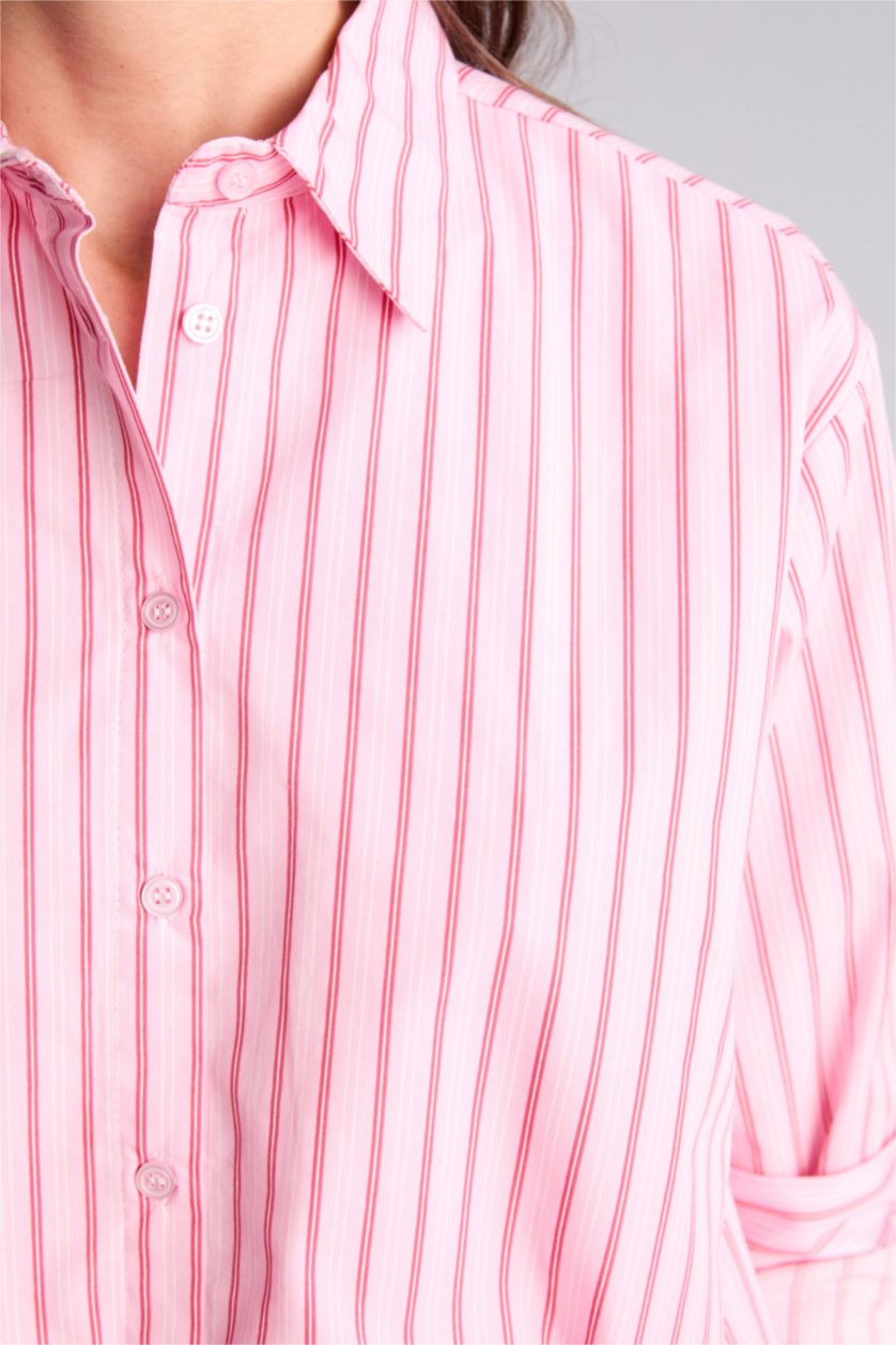 Kadın Açık Pembe Balloon Fıt Gömlek Yaka Çizgili Poplin Uzun Kollu Gömlek