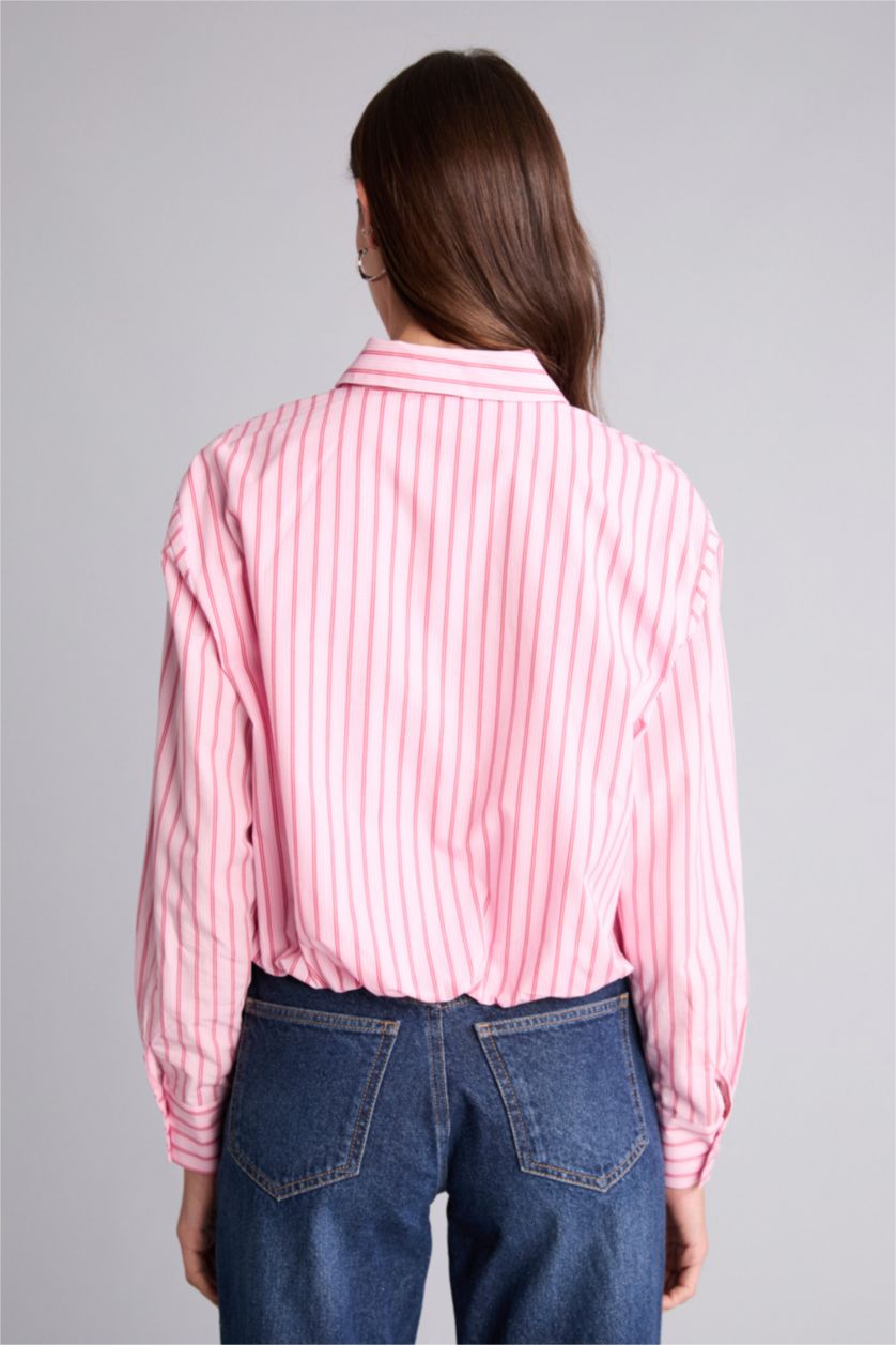 Kadın Açık Pembe Balloon Fıt Gömlek Yaka Çizgili Poplin Uzun Kollu Gömlek