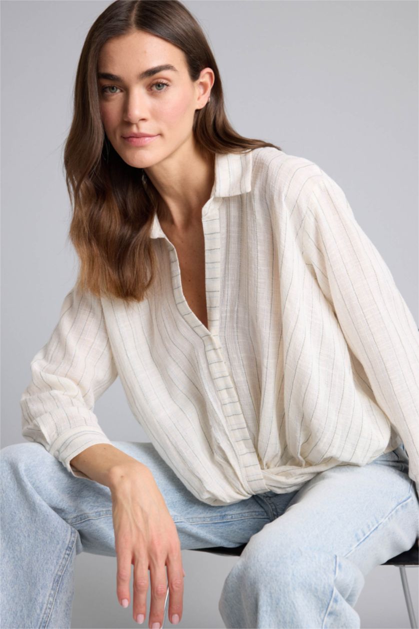 Kadın Açık Mavi Çizgili Simli Kumaş Gömlek